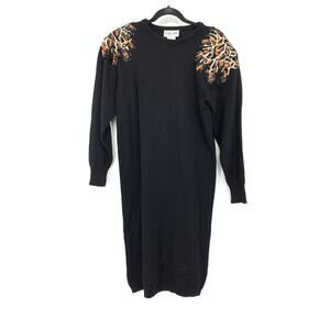 Plain Jane Sweater Dress Womens L Black Sequin Acrylic Knit Long Sleeve Vintage